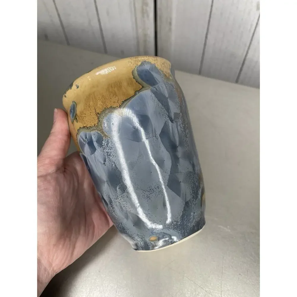 Vintage Crystalline Porcelain Vase Artist Signed Nelson Blue Metallic